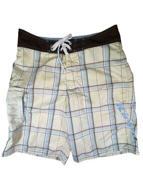 Vintage Y2K Kirra Plaid Board Shorts/Swim Trunks Men's 33 Blue Yellow Brown